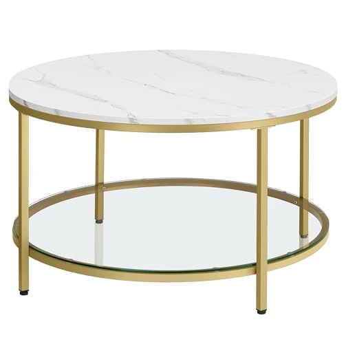 VASAGLE Coffee Table, Living Room Table, Sofa Cocktail Table Faux Marble Round, Tempered Glass Storage Shelf, Easy to Assemble, Modern Style, for Living Room, Marble White and Metallic Gold LCT071W59