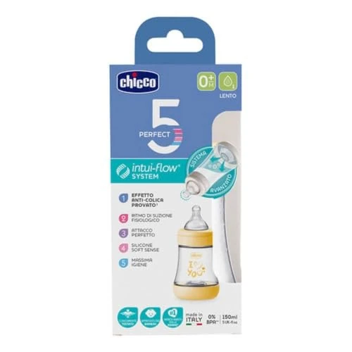 Offerta a tempo: Chicco PERFECT 5 Biberon Anticolica 150 ml, Biberon Flusso Lento, 0 Mesi +, con Tettarella in Morbido Silicone, Biberon Biofunzionale con Intui-flow System da 150 ml, Giallo - 52% da 12.99 € a 6.28 €