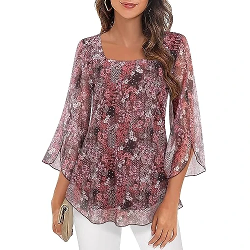 Offerta a tempo: Syphiby Camicette da Donna con Ruffle, Maniche 3/4, Top a Tunica, Scollo Quadrato, Top in Chiffon, a Doppio Strato, Maglia a Rete, M-3XL, cachi, M - 0.00% da 29.87 € a 29.87 €