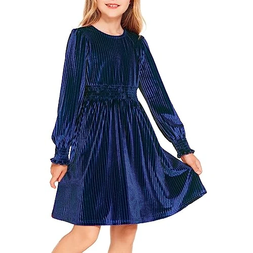 Arshiner Vestito da Bambina in Velluto Abito a Maniche Lunghe Girocollo Abito Casual Abito in Velluto Tinta Unita Autunno Inverno Abito Natalizio Abiti Midi Blu 10-11 Anni