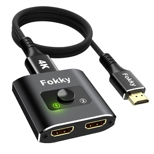 Fokky HDMI-switch 4K 60Hz splitter, bidirectionele Hdmi-schakelaar met 【1 m HDMI 2.0-kabel】 1 ingang 2 uitgangen (zwart, met 1 m kabel)