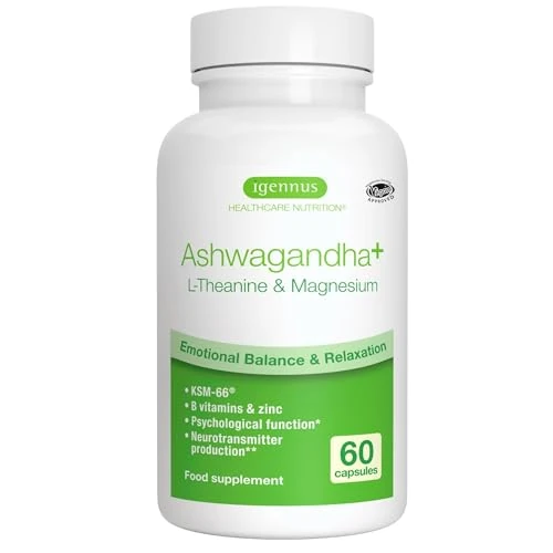 Igennus Ashwagandha Avanzada KSM-66 Complejo Para el Estrés 600 mg con L-Teanina y Magnesio, Vitaminas B y Zinc, Etiqueta Limpia, Extracto de Raíz únicamente, 5% de Withanólidos, Vegano, 30 Dosis
