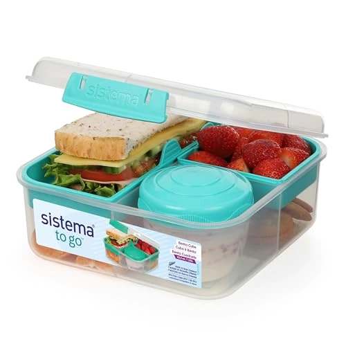 Beperkte aanbieding: Sistema Bento Box TO GO broodtrommel met vakken, 1,25 l lunchbox met yoghurt-/fruitcontainer, lunchbox voor kinderen en volwassenen, blauwgroen van 9.14 EUR naar 9.14 EUR (besparing 0%)