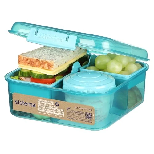Offerta a tempo: Sistema Bento Box | 1,25 L | Porta pranzo bambina con scomparti e contenitore per snack | Realizzata con plastica recuperata dagli oceani | Teal Stone | 1 pezzo - 36% da 17.27 € a 10.99 €