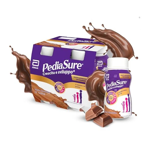 Pediasure Crescita e Sviluppo Drink, Integratore Bambini con Vitamine, Minerali, Proteine, per Difese Immunitarie, Concentrazione e Memoria, Formato Liquido 200 ml x 4 Pronto da Bere, Gusto Cioccolato