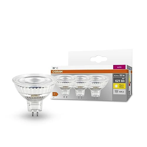 OSRAM MR16 - Lámparas reflectoras LED con zócalo de renovación, reemplazo de 50 vatios, Gu53, reflector MR16, 2700 Kelvin, vidrio transparente, paquete de 30-er
