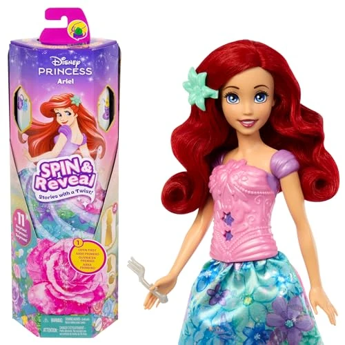 Mattel Disney Księżniczka Arielka Lalka „Zakręć i odkryj” Zestaw do zabawy z niespodziankami, w tym 5 akcesoriami, 5 naklejkami i tłem do zabawy, inspirowany filmem Disneya „Mała syrenka”, HTV88