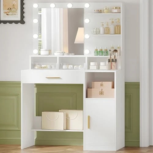 Offerta a tempo: Hzuaneri Toeletta da Trucco, Luminosità Regolabile,Tavolo da Trucco con Specchio Grande, ampio cassetto e armadietto, Durevole e stabile, Moderno, Bianco VT08103X - 11% da 89.99 € a 79.99 €