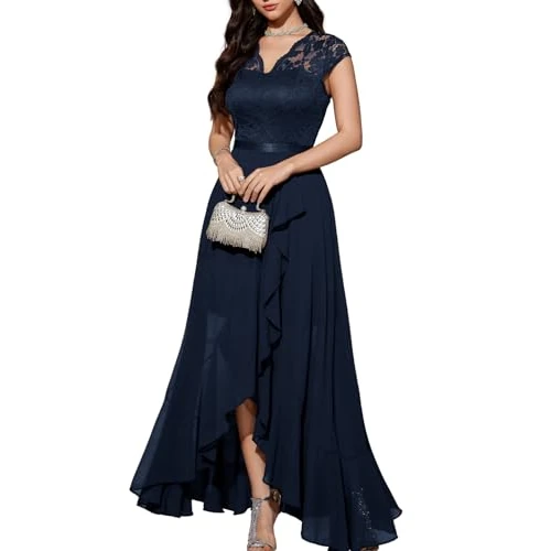 Offerta a tempo: Bbonlinedress - Abito da donna, da cocktail, linea A, top e gonna, in pizzo, chiffon, per festa di matrimonio, scollo a V, manica corta, Marina, XL - 35% da 65.99 € a 42.89 €