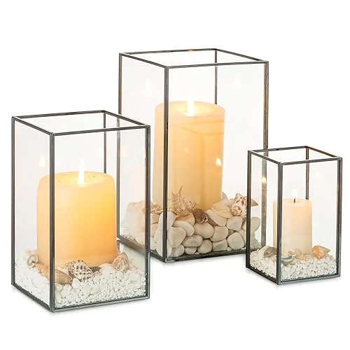 Offerta a tempo: NUPTIO Nero Lanterna Uragano Vetro: Set di 3 Portacandele Pilastro Quadrato Vetro Temperato Camino Esterno Interno Soggiorno Sala Pranzo Mantello Natale Tavolo Centrotavola Festa di Nozze Ornamento - 27% da 45.96 € a 33.57 €