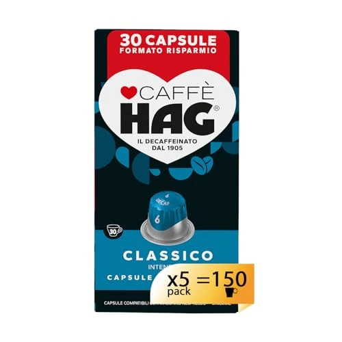 Offerta a tempo: Hag - Capsule Caffè Decaffeinato Espresso Classico - 150 capsule in alluminio - 5 Confezioni da 30 - Intensità 6 - Compatibili con Macchine Nespresso®* original - 27% da 44.99 € a 32.99 €