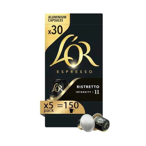 Offerta a tempo: L'Or Capsule Caffè Espresso Ristretto Intensità 11-150 Capsule in Alluminio - 5 Confezioni da 30 - Compatibili con Macchine Nespresso - 17% da 49.49 € a 40.99 €