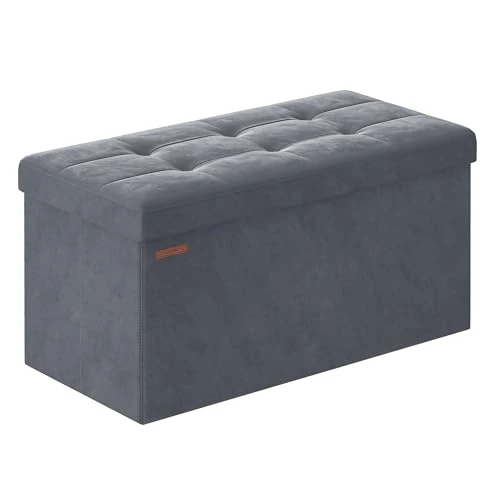SONGMICS Puff Almacenaje, Baúl de Almacenaje Plegable, 38 x 76 x 38 cm, Taburete Reposapiés, Banco de Cubo, Soporta hasta 300 kg, para Sala de Estar, Dormitorio, Entrada, Gris Pizarra LSF247G01