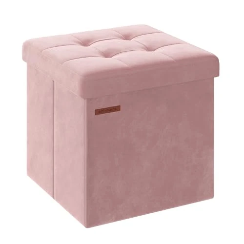 SONGMICS Pouf Pieghevole, Cassapanca in Velluto, Contenitore con Coperchio, Poggiapiedi, 38 x 38 cm, Portata 300 kg, per Corridoio, Soggiorno, Camera da Letto, Rosa Pastello LSF227R01