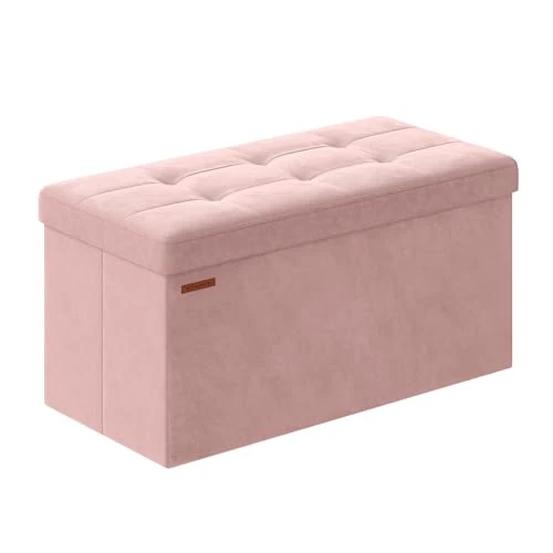 SONGMICS Sitzhocker mit Stauraum, klappbare Sitzbank, 38 x 76 x 38 cm Fußbank, Aufbewahrungsbox, bis 300 kg belastbar, für Wohnzimmer Schlafzimmer Flur, pastellrosa LSF247R01