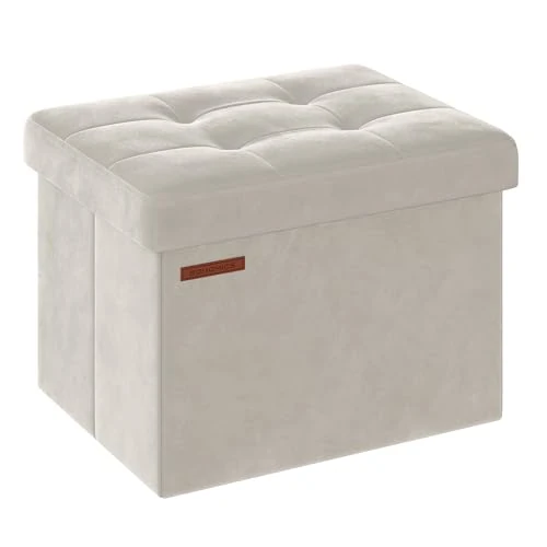 SONGMICS Tabouret de Rangement, Petit Pouf Pliable, 31 x 41 cm, Repose-Pieds Cubique avec Rangement, Charge jusqu'à 130 kg, pour Salon, Chambre, Dortoir, Blanc Crème LSF200W01