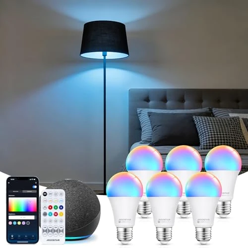 Oferta limitada: Aigostar Mesh- Bombilla inteligente Bluetooth Mesh, A60. 2700K-6500K y RGB regulable, E27, 12W, 1150 LM. Bombilla LED inteligente compatible con Alexa y Google Home. Incluye mando a distancia. 6Uds de 40.99 € a 40.99 € (ahorro 0.00%)