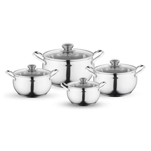 FLORINA Ensemble de Casseroles MARON I Set de 8 pièces en acier inoxydable I Casseroles avec couvercle en verre et verre doseur I Idéal pour plaques à induction, gazinières, cuisinières électriques