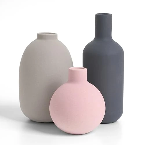 Winter Shore Set of 3 Ceramic Vase for Home Decor - Neutral Design Vase for Living Room, Table, Kitchen, Fireplace - Modern & Minimalist Decorative Vase - Matte Colours - Oval & Spherical