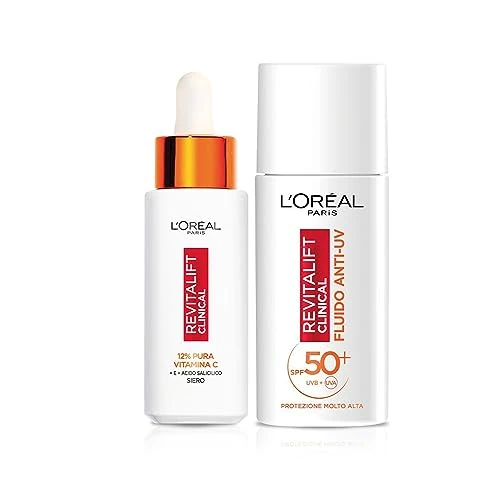 Offerta a tempo: L'Oréal Paris Routine Illuminante e Protettiva, Con Siero 12% Pura Vitamina C e Fluido SPF 50+, Con Acido Salicilico, Revitalift Clinical, 30 ml + 50 ml - 22% da 36.18 € a 28.40 €