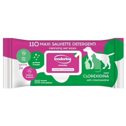 Offerta a tempo: Inodorina, Refresh, Salviette Detergenti in Tessuto Resistente, con Agente Idratante, Emolliente e Protettivo, Per la Vita Quotidiana con il Tuo Animale, Profumazione Clorexidina, 110 pezzi - 18% da 10.37 € a 8.48 €
