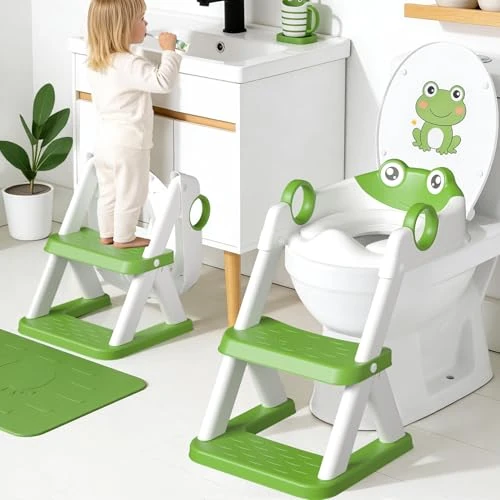 Offerta a tempo: COOSEYA Riduttore Wc Bambini A Forma Di Rana,2 In 1 Vasino Con Scaletta Per Bambini Wc,Tappetino Impermeabile E Sgabello Antiscivolo,Verde - 7% da 39.66 € a 36.99 €