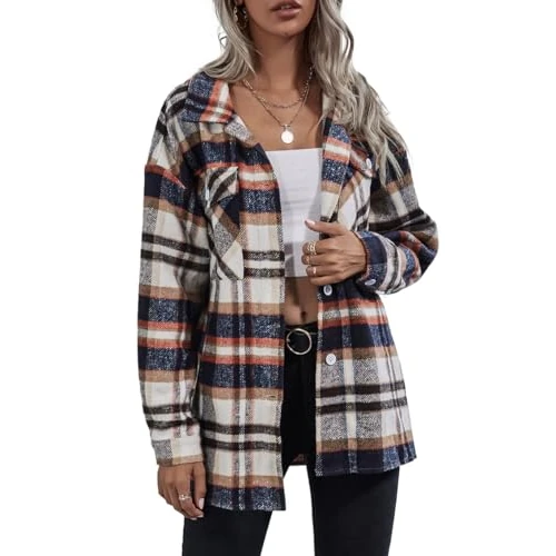 Rayson Mantel Damen Lang Elegant Kariert Winter Karierte Jacke Warm Button Down Longsleeve Casual Karierter Damenmantel(Orange, XL)