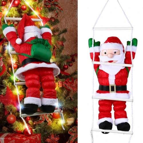 Climbing Ladder Santa Claus, Aceshop 34" Hanging Christmas Santa Claus Decorations with LED Light, Christmas Ornaments Stuffed Plush Santa Claus Doll Gift for Indoor Home Party Holiday Xmas Tree Decor