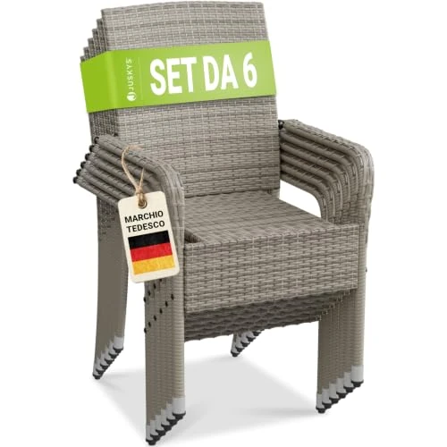 Oferta limitada: Juskys Yoro - Juego de 6 sillas de jardín de polirratán con reposabrazos y respaldo, apilables, 6 sillas apilables, color gris jaspeado de 250.00 € a 250.00 € (ahorro 0.00%)