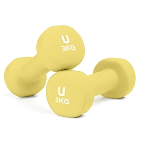 Offerta a tempo: unycos - Set di 2 Manubri Antiscivolo in Neoprene, Coppia di Pesi Rotonde da 3 kg per Uomini/Donne, Nucleo in Ghisa, Allenamento della Forza, Fitness, Palestra in Casa (Giallo) - 0.00% da 20.90 € a 20.90 €