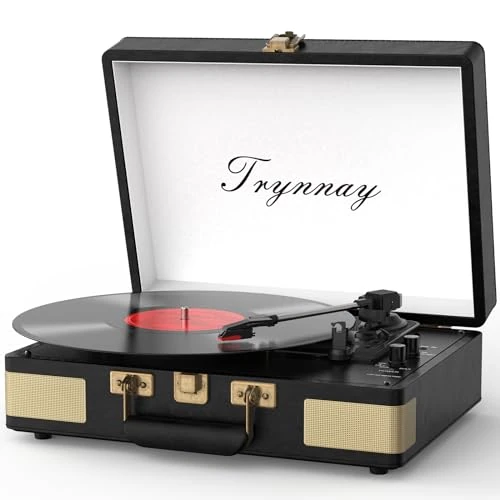 Trynnay Turntable, Record Player, 3-Speed Bluetooth, Portable Case Vinyl Player with Integrated Speakers, Record Player, Improved Audio Sound, PU Leather, Vintage Black