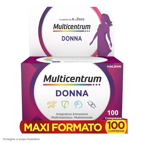 Multicentrum Mujer Complemento Alimenticio Multivitamínico y Multimineral Para Mujeres, Con Vitamina C y Zinc, Sin Gluten, 100 Comprimidos