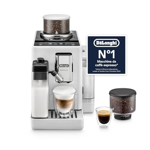 De'Longhi Rivelia EXAM440.55.W, Fully Automatic Coffee Machine with LatteCrema Hot, Automatic Milk Frother, Compact Size Bean to Cup Coffee Machine, 16 Recipes, Touch Colored Display, Arctic White