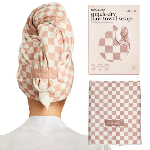 Offerta a tempo: Kitsch Asciugamano Capelli XL in Microfibra per Donna - Scacchi Terracotta - 28% da 23.57 € a 16.99 €
