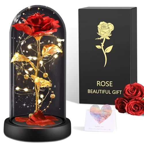 Tijdelijke aanbieding: Cadeaus voor vrouwen, eeuwige roos in glas, verjaardagscadeau voor mama, Belle en het Beest, rozen, huwelijkscadeau voor vrouw, haar, vriendin, kerstcadeaus (klassieke rode roos) van 26.01 EUR naar 18.99 EUR (korting 27%)