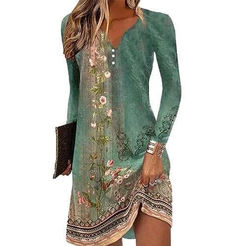 GRMLRPT Vestido Bohemio Floral de Manga Larga Cuello en V para Mujeres - Mini Túnica Casual Imprimir Suelta (Verde,M)