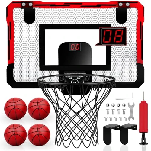 Yimore Canasta Baloncesto Infantil, Interior Exterior Canasta de Baloncesto para Niños Juguete con 4 Pelotas Red y Bomba para Niño de 5 6 7 8 9 10 11 años (Rojo)