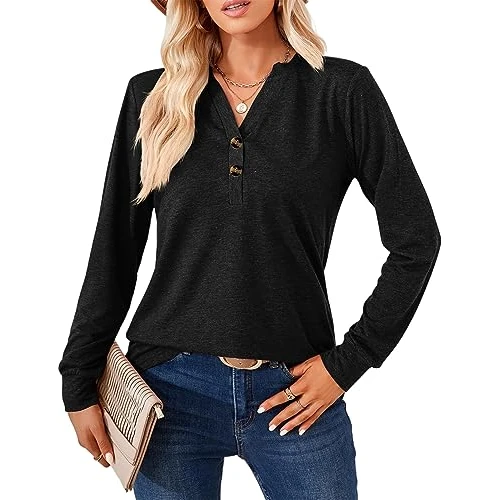 Offerta a tempo: Maglietta a Manica Lunga da Donna, Autunno E Inverno Elegante Camicette, Blusa con Scollo a V e bottoni decorativi, Maniche Lunga Top Casual, Moda T-Shirt da Donna, Henley T-Shirt donna, Taglie: S–XXL - 53% da 14.99 € a 6.99 €