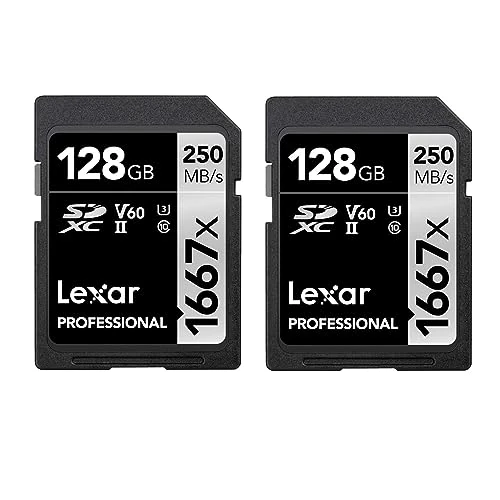 Lexar Professional 1667x SD Kaart 128GB 2 pak, SDXC UHS-II Geheugenkaart, Tot 250 MB/s lezen, Class 10, U3, V60, SD voor professionele fotograaf, videograaf, liefhebber (LSD1667128G-B2NAA)