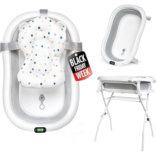 moovkee. Babybadje, met frame, 80 cm, opvouwbare badkuip met thermometer, badkussen en standaard, veilig voor baby's, pasgeborenen