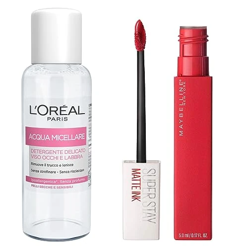 Offerta a tempo: Maybelline New York SuperStay Matte Ink Tinta Labbra ad Effetto Coprente Colore 20 Pioner + Acqua Micellare Detergente Delicato Viso Occhi e Labbra Formato Viaggio 30ml - 6% da 19.78 € a 18.59 €
