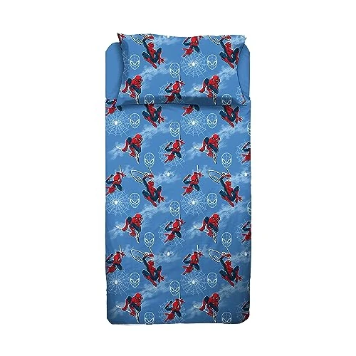 Offerta a tempo: Set Lenzuola Letto Singolo Spiderman, Completo Letto, Lenzuolo Sopra, Lenzuolo Con Angoli, Federa, Blu, 100% Cotone, Prodotto Ufficiale - 36% da 28.00 € a 17.90 €
