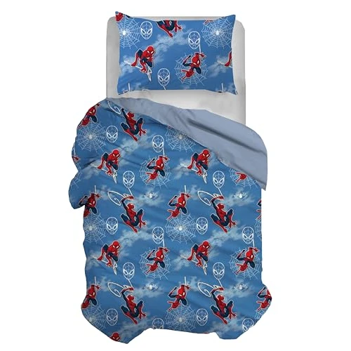 Spiderman, Set Copripiumino Singolo Cotone, Blu, Sacco 155x200, Federa 50x80, Marvel, 100% Cotone, Prodotto Ufficiale