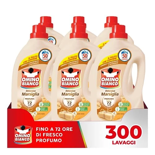 Omino Bianco - Flüssigwaschmittel, 300 Waschgänge, farb- und stoffschonend, frischer Duft mit Herzessenz von Marseille, 2000 ml x 6 Packungen