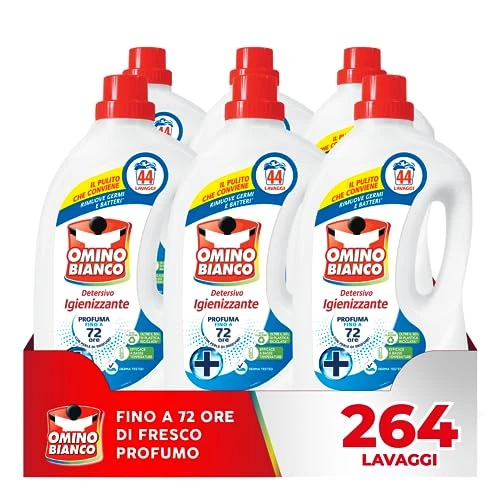 Omino Bianco - Lessive Laveuse Désinfectant Liquide, 264 Lavages, Hygiénise les Vêtements et Supprime les Germes et les Bactéries, 1760 ml x 6 Packs