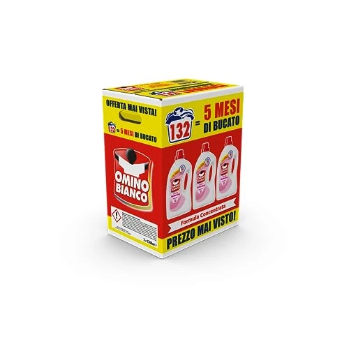 Omino Bianco - Flüssigwaschmittel, 132 Waschgänge, respektiert Farben und Stoffe, frischer Duft der rosa Seerose, 1760 ml x 3 Packungen