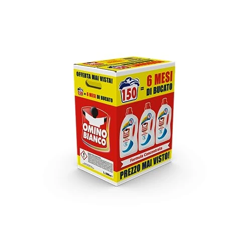 Omino Bianco - Lessive Laveuse Désinfectant Liquide, 150 Lavages, Hygiénise les Vêtements et Supprime les Germes et les Bactéries, 2000 ml x 3 Paquets