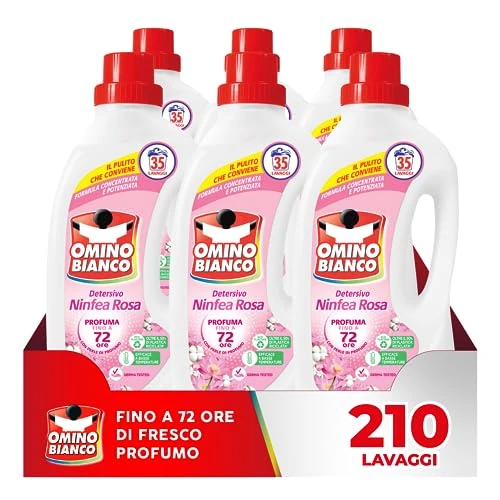 Omino Bianco - Detersivo Lavatrice Liquido, 210 Lavaggi, Rispetta Colori e Tessuti, Fresco Profumo di Ninfea Rosa, 1400 ml x 6 Confezioni
