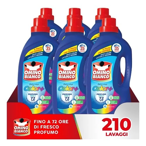 Omino Bianco - Flüssigwaschmittel Color+, 210 Waschgänge, speziell für farbige Kleidungsstücke, Technologie zur Farberhaltung und Graueinfang, 1400 ml x 6 Packungen