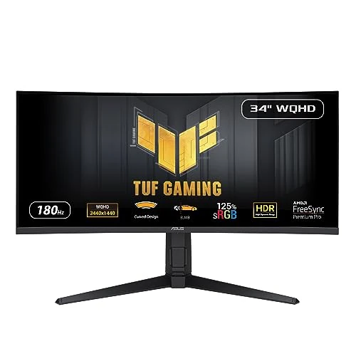 Offerta a tempo: ASUS TUF Gaming VG34VQL3A Monitor Gaming Curvo 34” pollici WQHD (3440 x 1440), 180Hz, 1500R, Extreme Low Motion Blur, FreeSync Premium Pro, 1ms (GTG), 125% sRGB, DisplayHDR 400, DisplayWidget, Nero - 15% da 299.00 € a 253.25 €